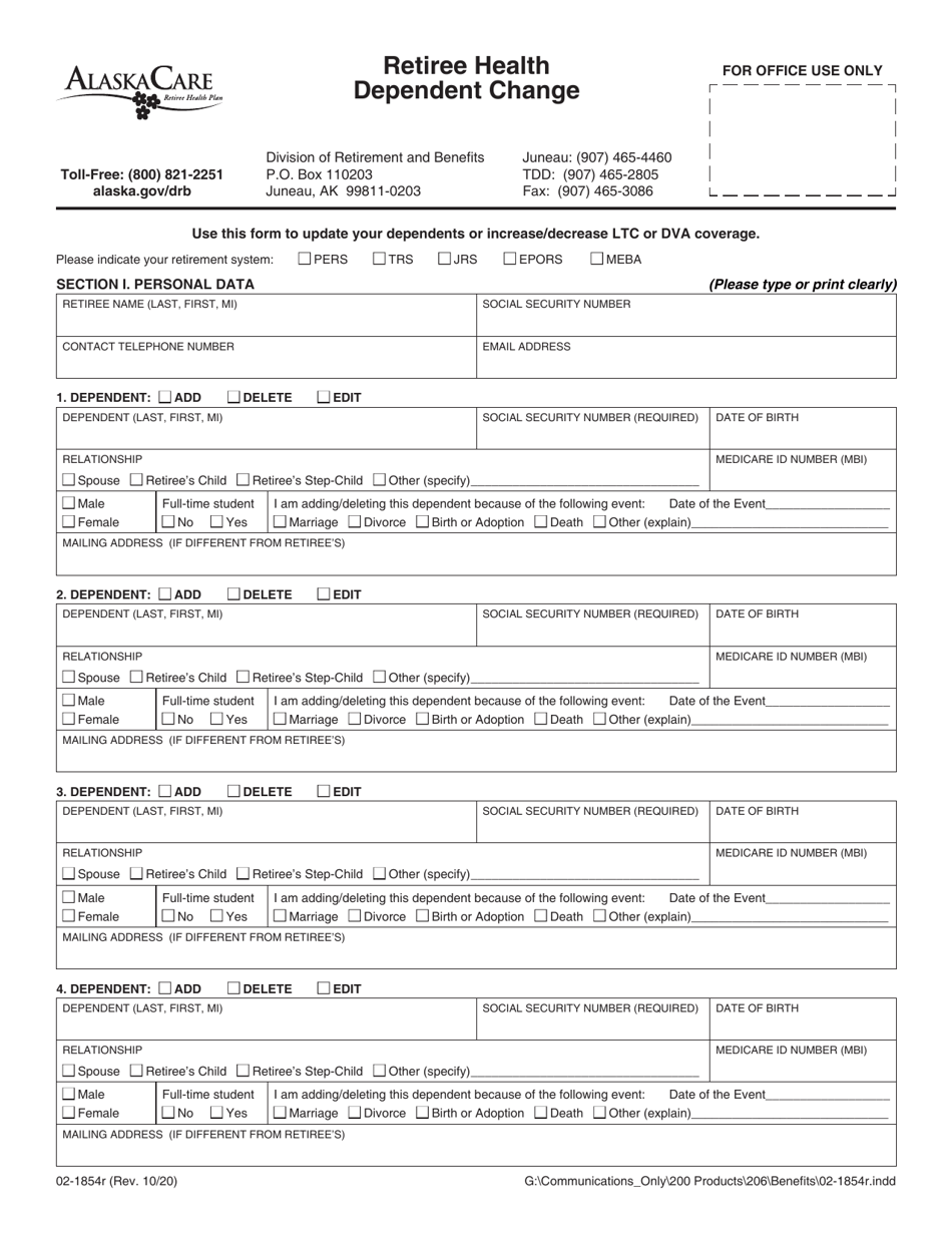 Form 02-1854R Retiree Health Dependent Change - Alaska, Page 1