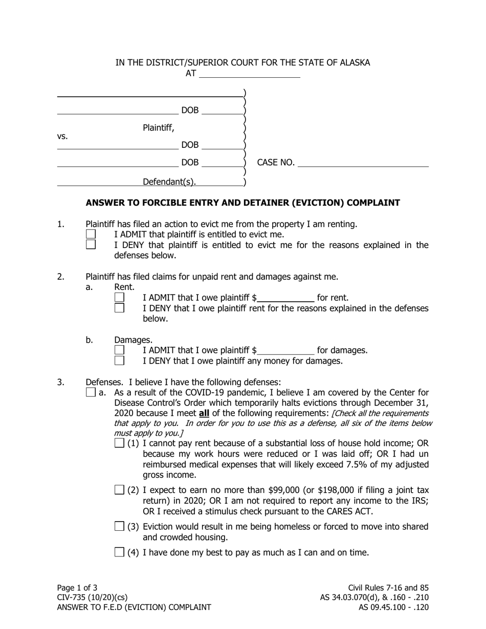 Form CIV-735 Answer to Forcible Entry and Detainer (Eviction) Complaint - Alaska, Page 1