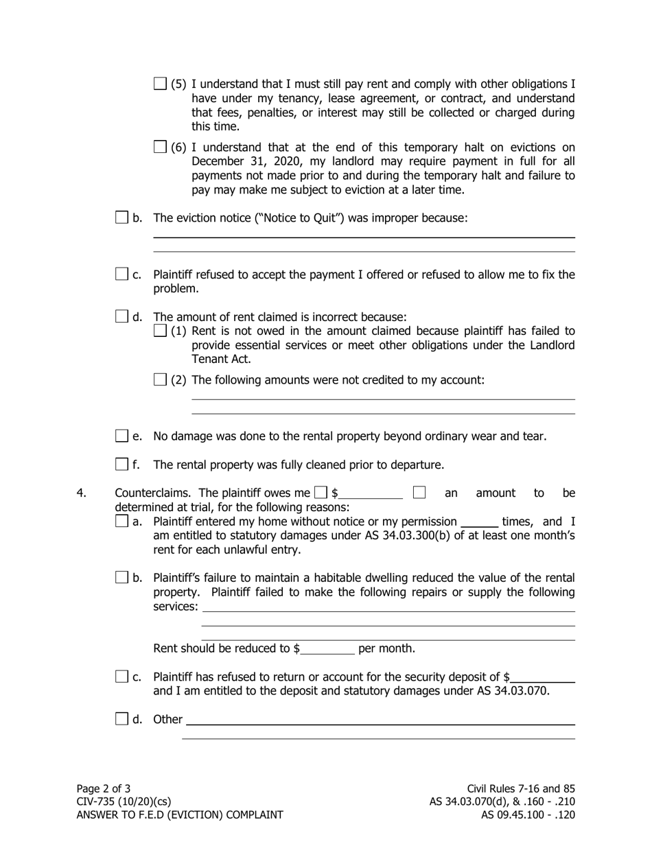 Form CIV-735 Answer to Forcible Entry and Detainer (Eviction) Complaint - Alaska, Page 2