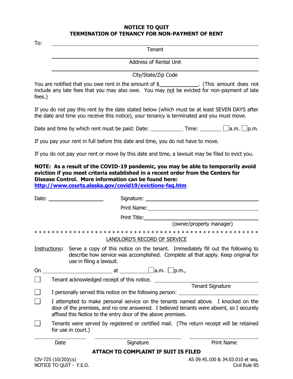 Form CIV-725 Notice to Quit for Non-payment of Rent - Alaska, Page 1