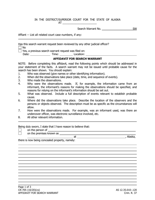 Form CR-705 Affidavit for Search Warrant - Alaska