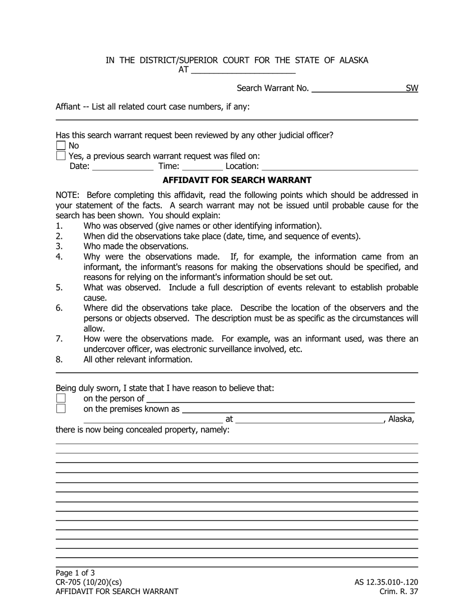 Form CR-705 Affidavit for Search Warrant - Alaska, Page 1