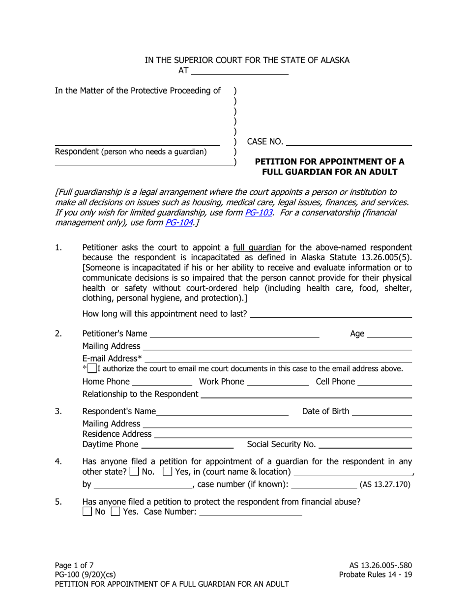 Form PG-100 Petition for Appointment of a Full Guardian for an Adult - Alaska, Page 1