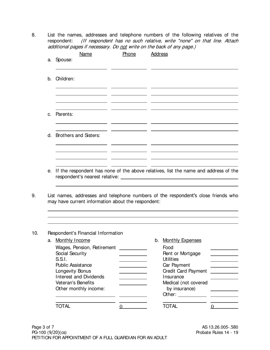 Form PG-100 Petition for Appointment of a Full Guardian for an Adult - Alaska, Page 3