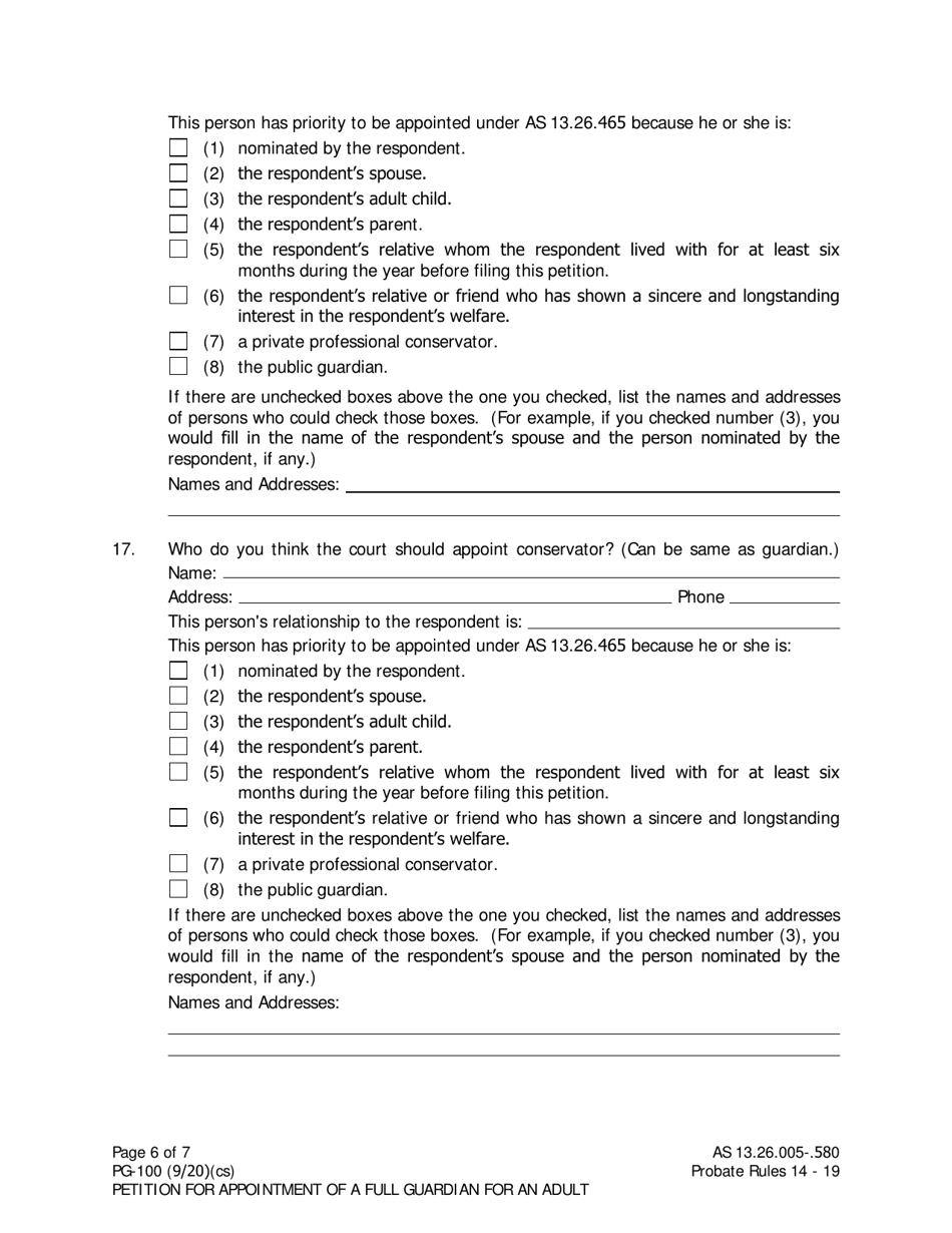 Form PG-100 Petition for Appointment of a Full Guardian for an Adult - Alaska, Page 6