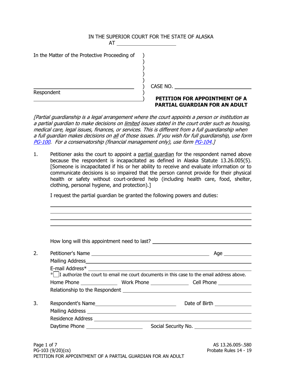 Form PG-103 Petition for Appointment of a Partial Guardian for an Adult - Alaska, Page 1