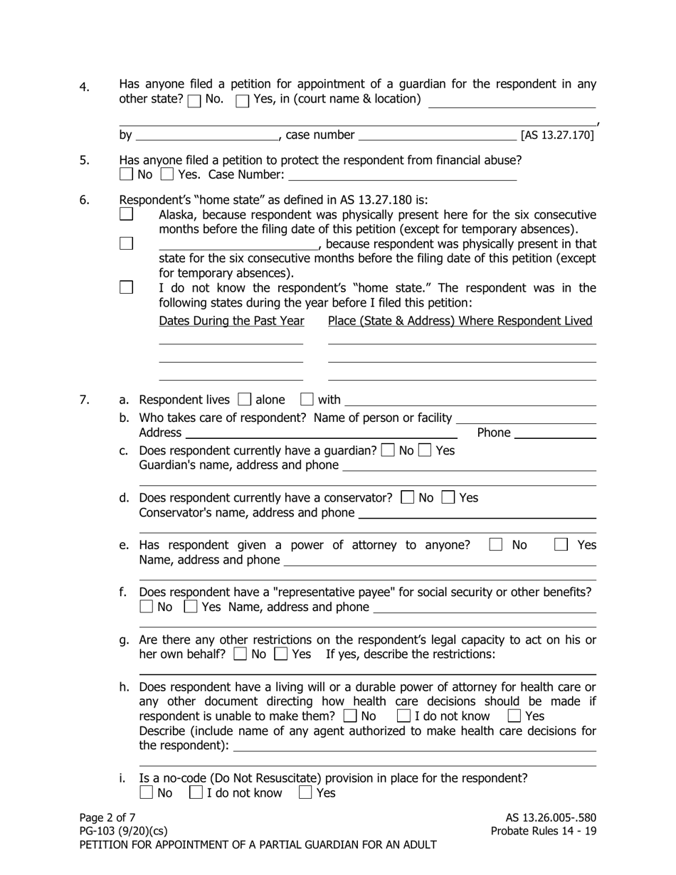 Form PG-103 Petition for Appointment of a Partial Guardian for an Adult - Alaska, Page 2