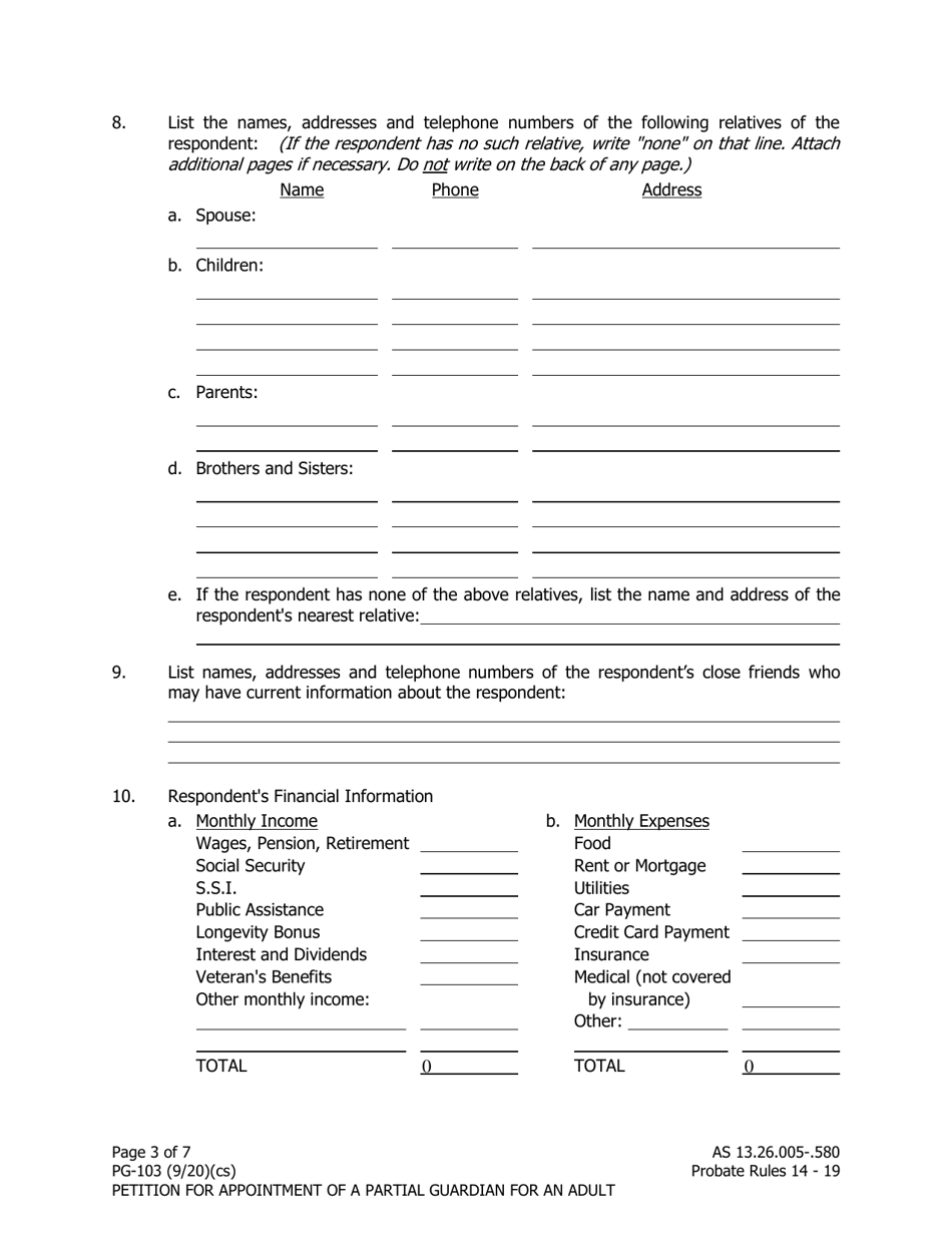 Form PG-103 Petition for Appointment of a Partial Guardian for an Adult - Alaska, Page 3