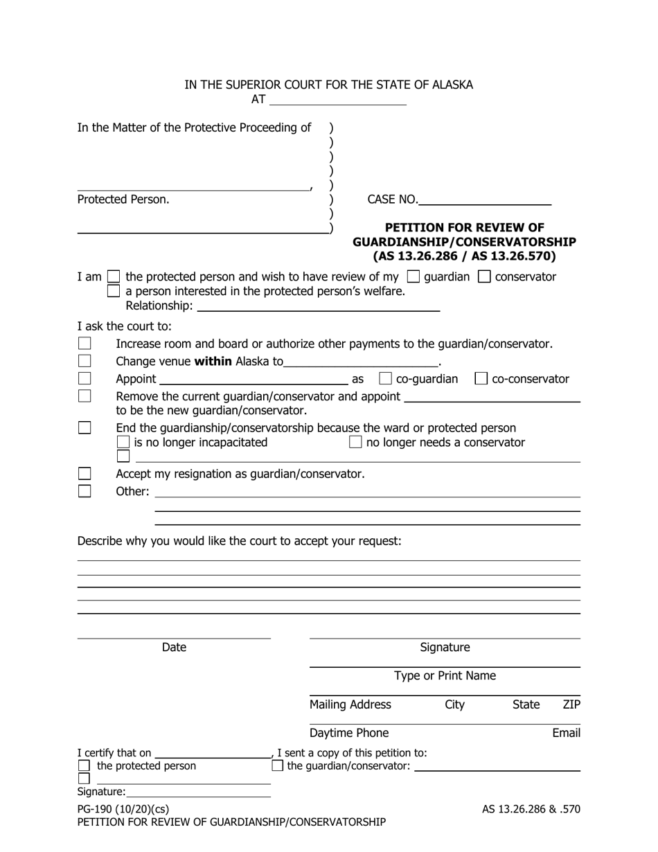 Form PG-190 Petition for Review of Guardianship / Conservatorship - Alaska, Page 1