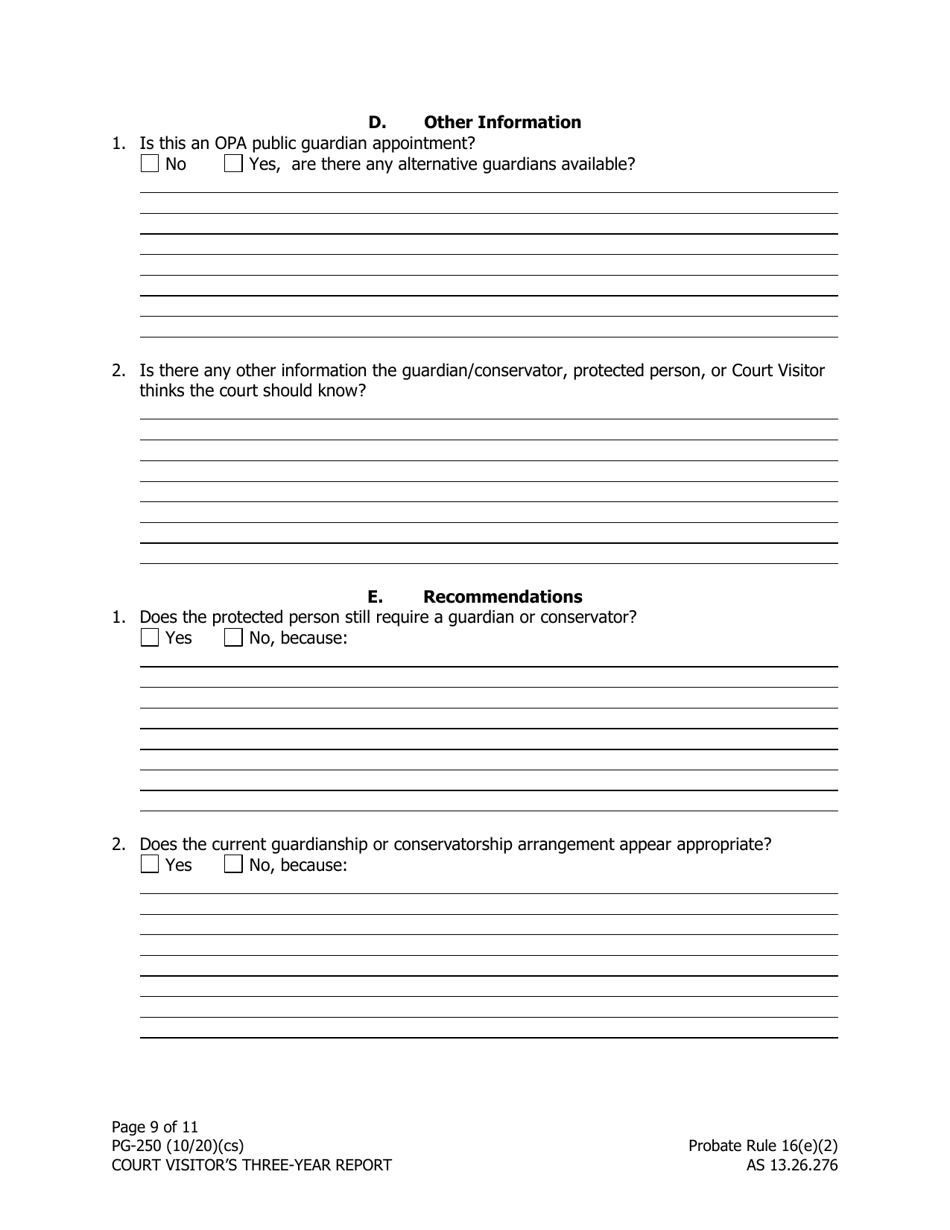 Form PG-250 Court Visitors Three-Year Report - Alaska, Page 9