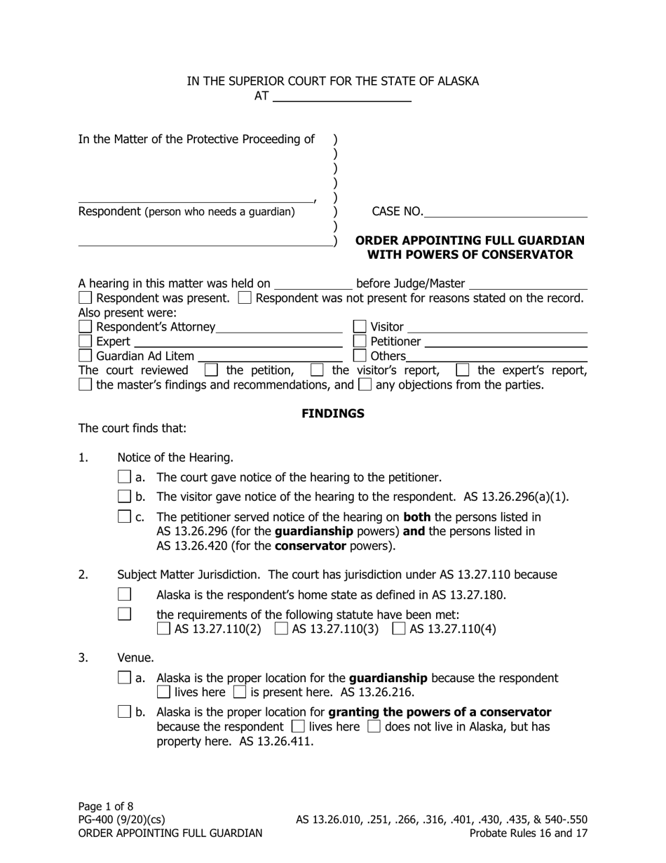 Form PG-400 Order Appointing Full Guardian With Powers of Conservator - Alaska, Page 1