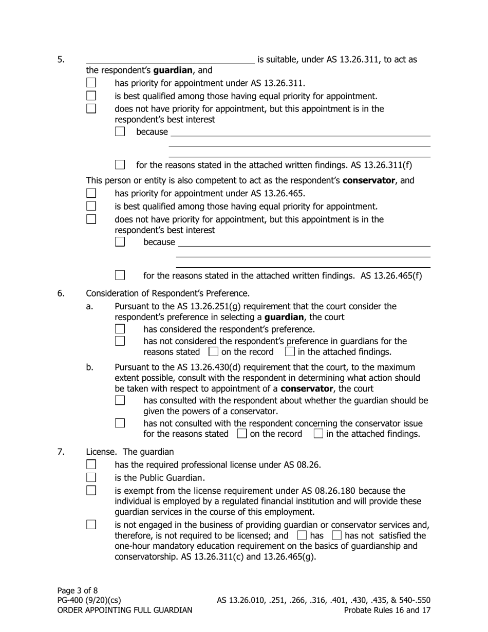 Form PG-400 Order Appointing Full Guardian With Powers of Conservator - Alaska, Page 3