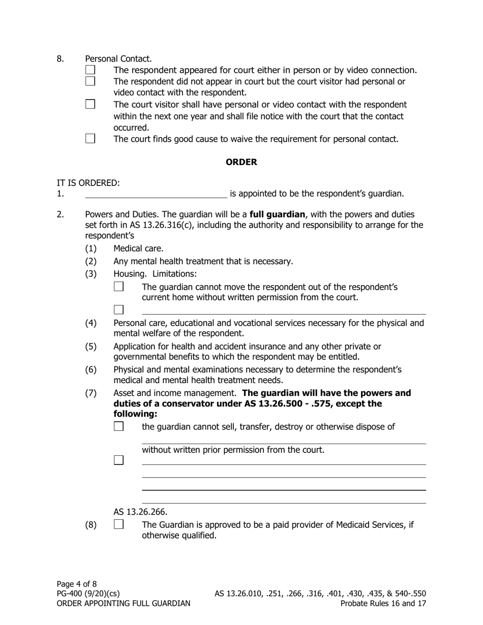 Form PG-400 Order Appointing Full Guardian With Powers of Conservator - Alaska, Page 4