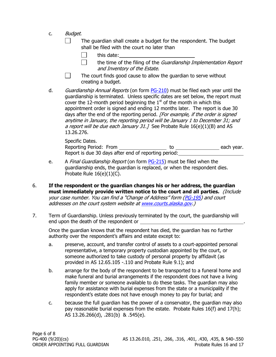 Form PG-400 Order Appointing Full Guardian With Powers of Conservator - Alaska, Page 6