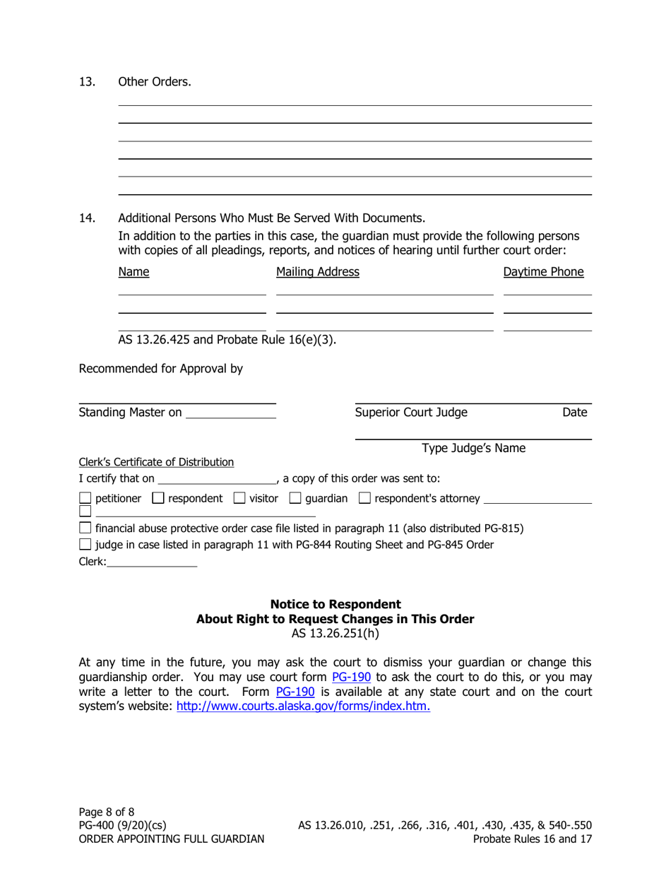 Form PG-400 Order Appointing Full Guardian With Powers of Conservator - Alaska, Page 8