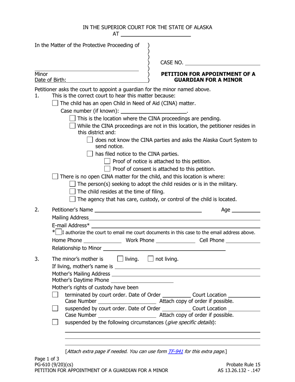 Form PG-610 Petition for Appointment of a Guardian for a Minor - Alaska, Page 1