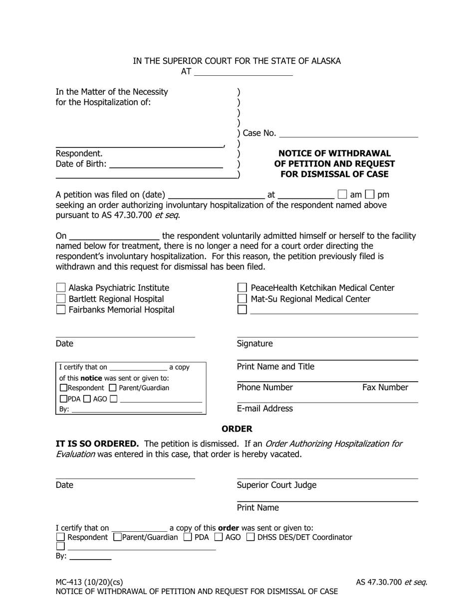 Form MC-413 Notice of Withdrawal of Petition and Request for Dismissal of Case - Alaska, Page 1