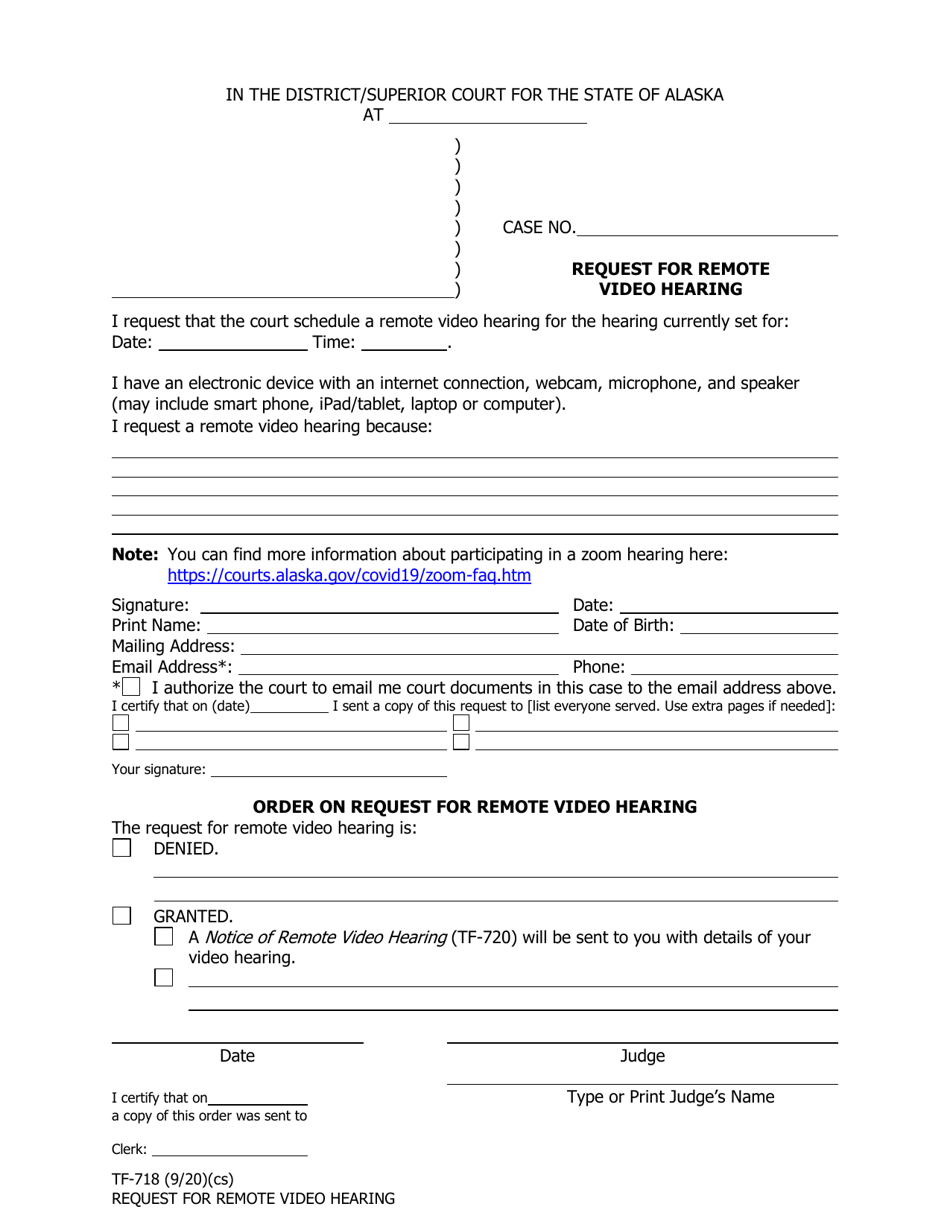Form TF-718 Request for Remote Video Hearing - Alaska, Page 1