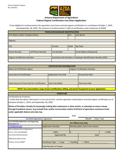 Federal Organic Certification Cost Share Application - Arizona Download Pdf