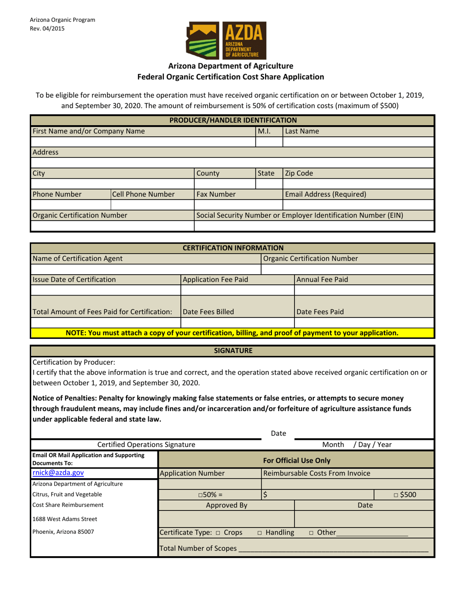 Federal Organic Certification Cost Share Application - Arizona, Page 1
