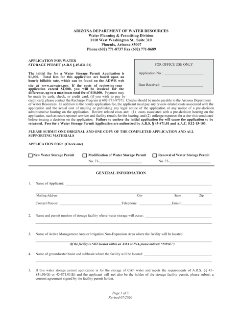 Application for Water Storage Permit - Arizona Download Pdf