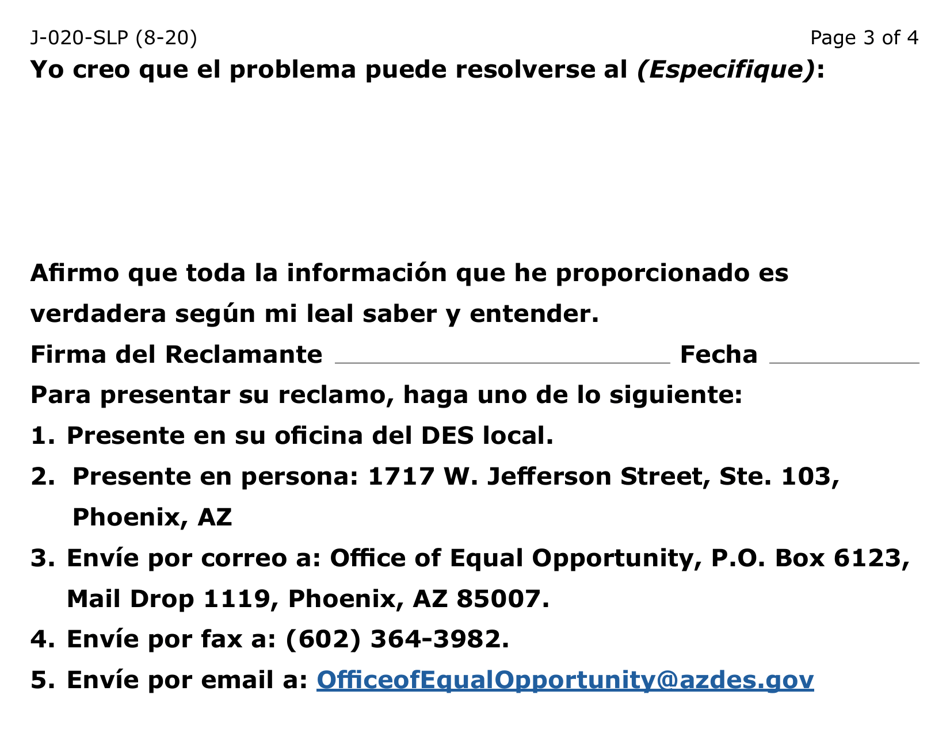 Formulario J-020-SLP Reclamo Por Discriminacion - Clientes, Solicitantes, Y Contratistas (Letra Grande) - Arizona (Spanish), Page 3