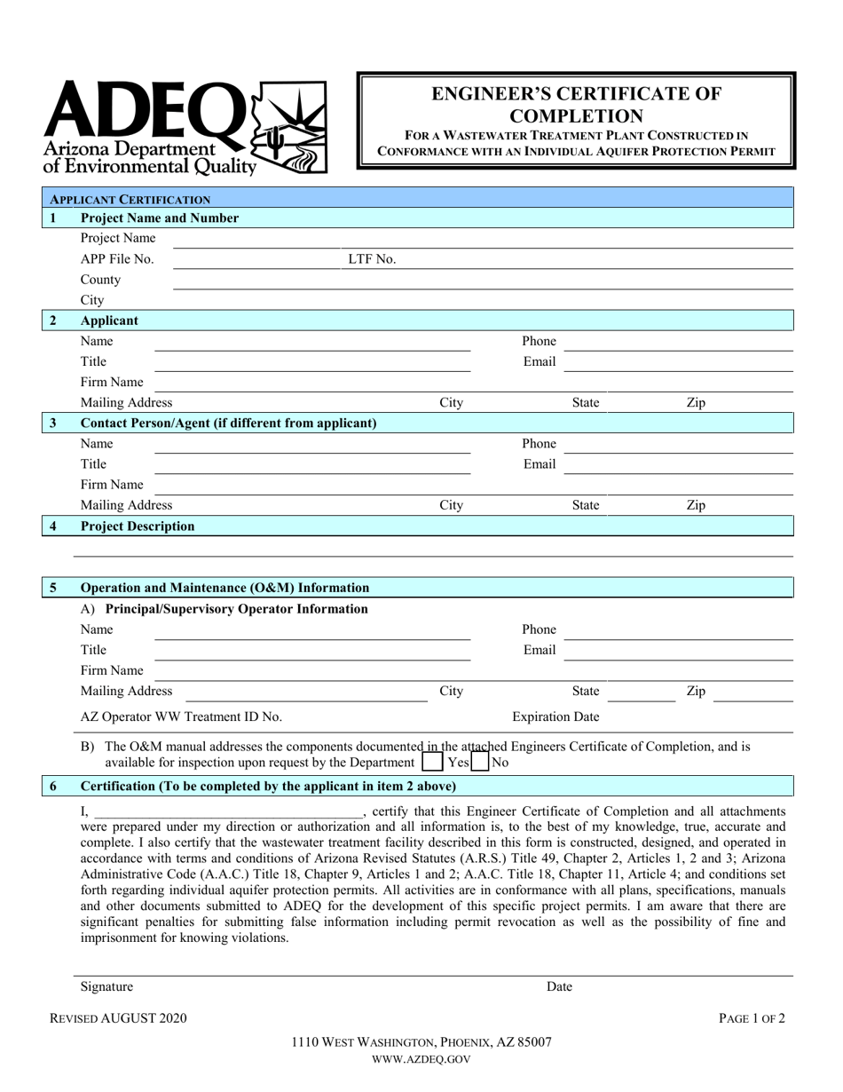 Arizona Engineer's Certificate of Completion for a Wastewater Treatment