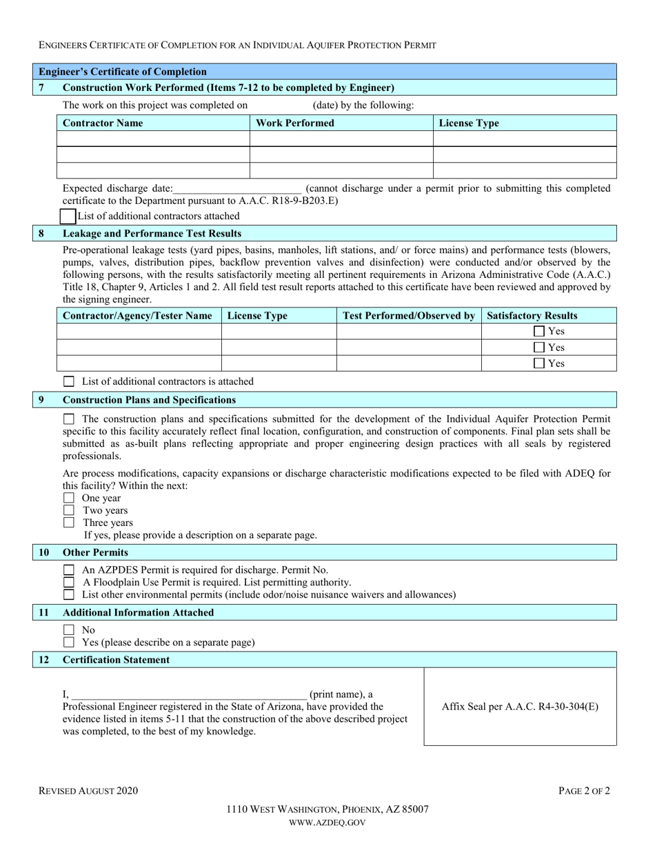 Engineers Certificate of Completion for a Wastewater Treatment Plant Constructed in Conformance With an Individual Aquifer Protection Permit - Arizona, Page 2