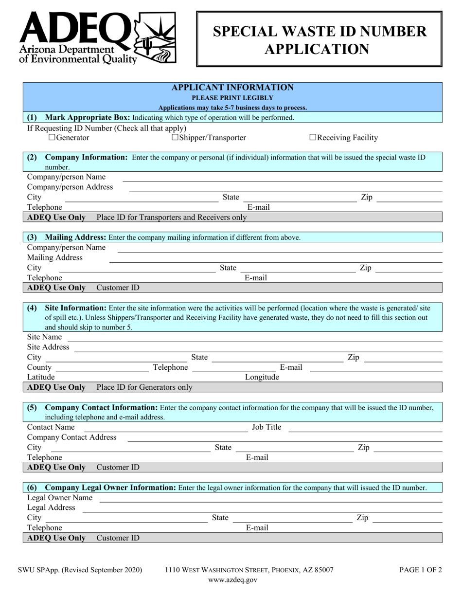 Special Waste Id Number Application - Arizona, Page 1