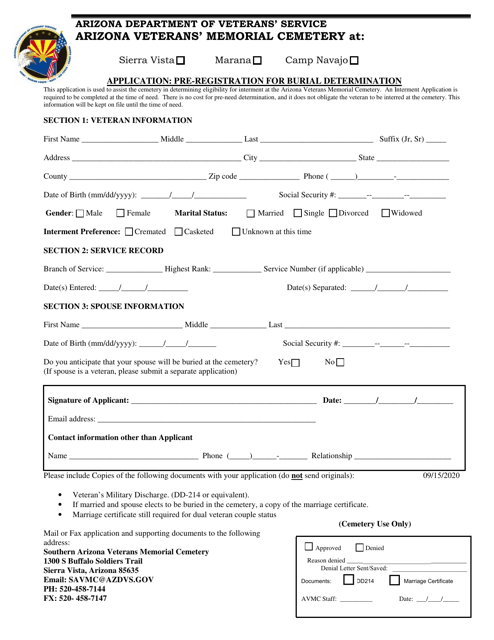 Application: Pre-registration for Burial Determination - Arizona Download Pdf