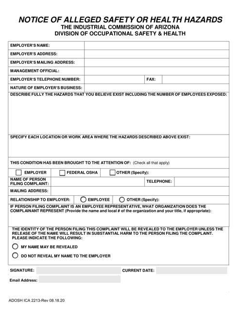 Form ADOSH ICA2213 Notice of Alleged Safety or Health Hazards - Arizona