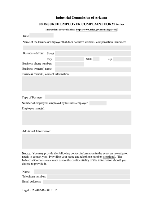 Form Legal ICA4402 Uninsured Employer Complaint Form - Arizona