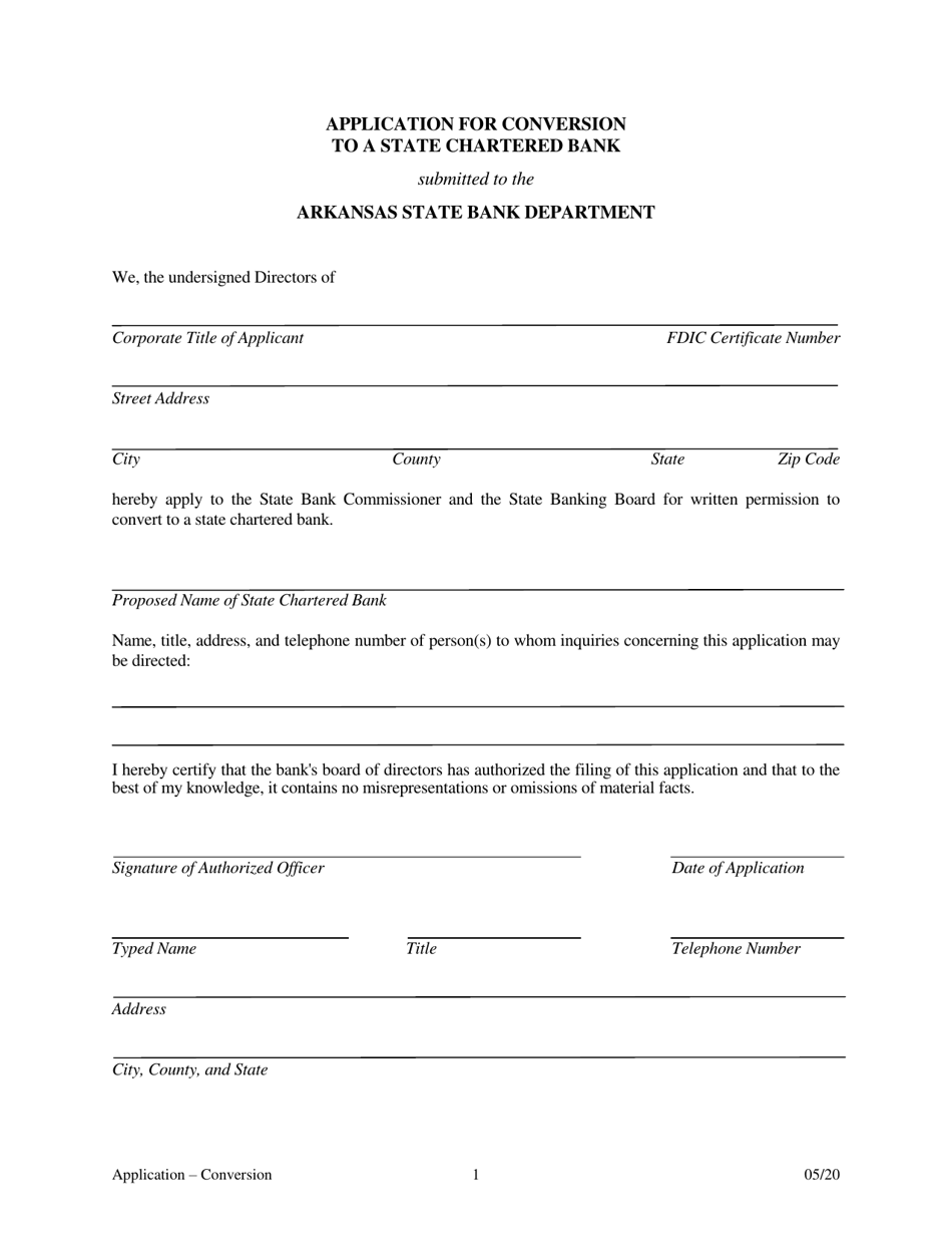 Application for Conversion to a State Charted Bank - Arkansas, Page 1