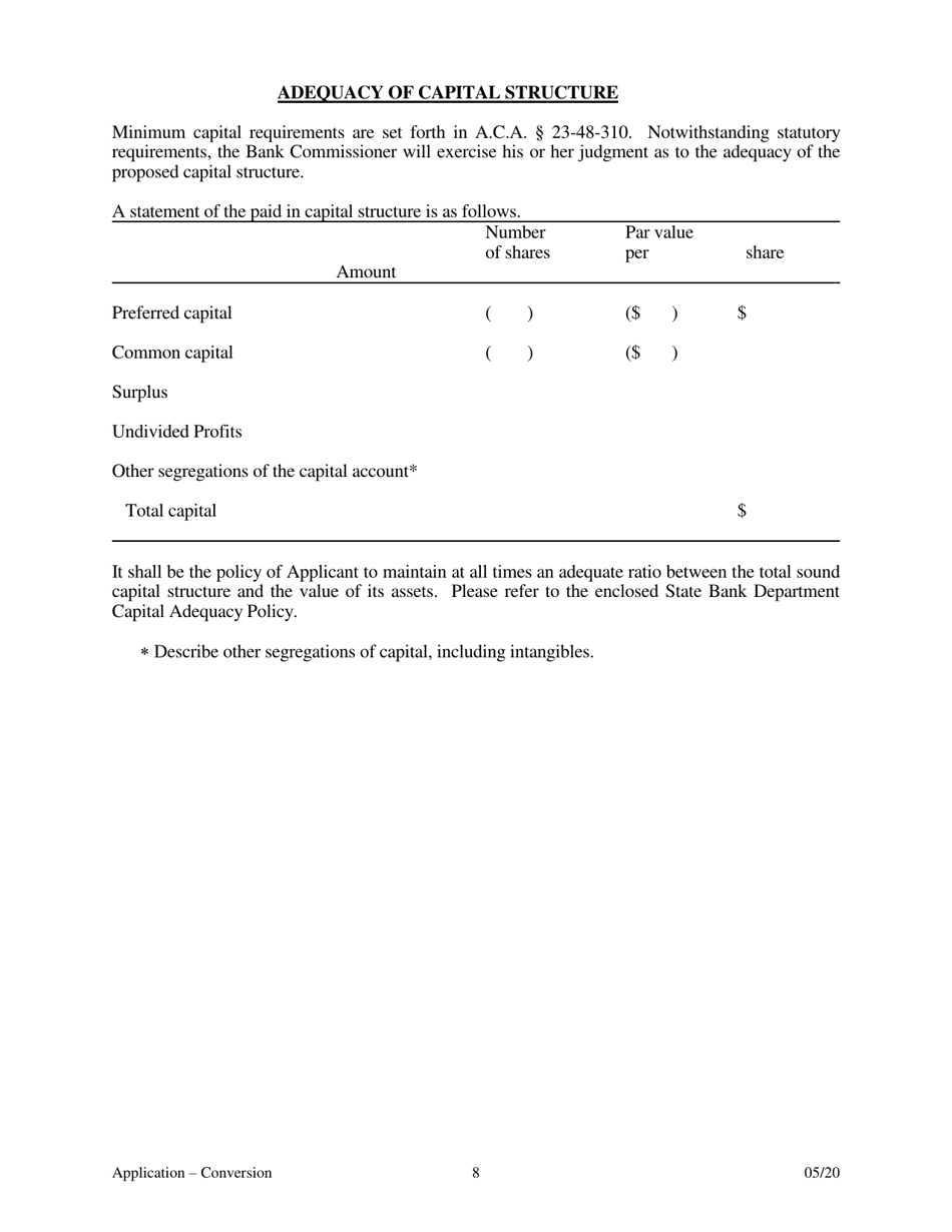 Application for Conversion to a State Charted Bank - Arkansas, Page 8