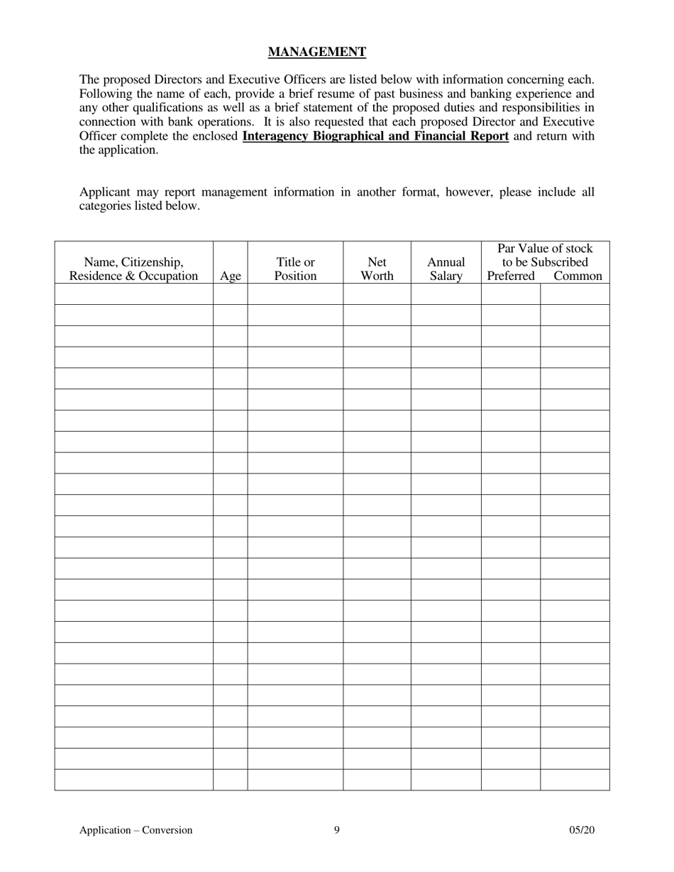 Application for Conversion to a State Charted Bank - Arkansas, Page 9