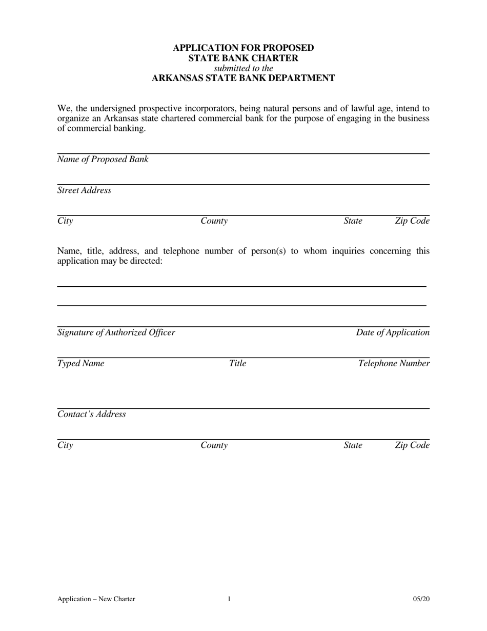 Application for Proposed State Bank Charter - Arkansas, Page 1
