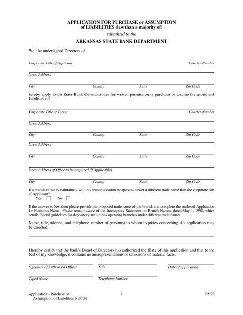 Application - Purchase or Assumption of Liabilities ( 50%) - Arkansas Download Pdf
