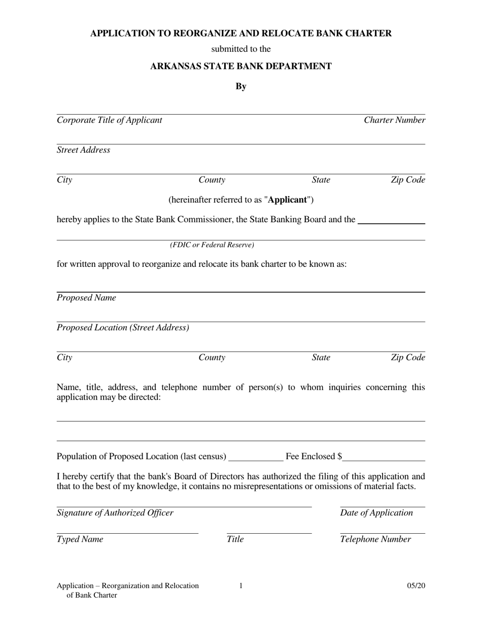 Application to Reorganize and Relocate Bank Charter - Arkansas, Page 1