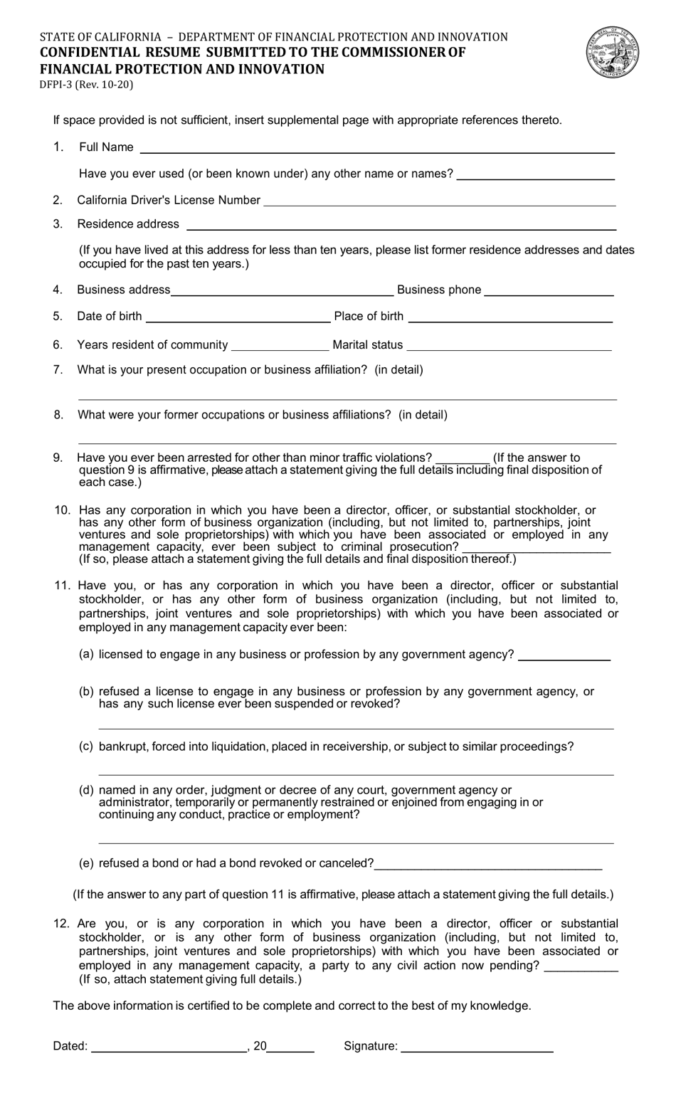 Form DFPI-3 Confidential Resume - California, Page 1