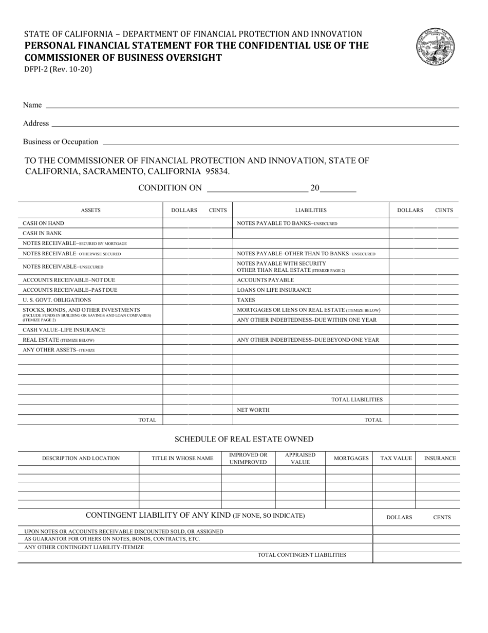 Form DFPI-2 Personal Financial Statement for the Confidential Use of the Commissioner of Business Oversight - California, Page 1