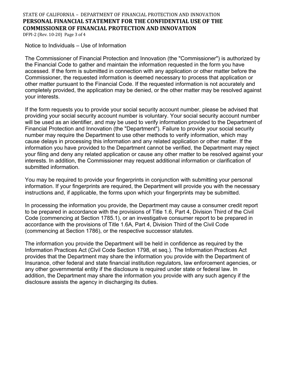 Form DFPI-2 Personal Financial Statement for the Confidential Use of the Commissioner of Business Oversight - California, Page 3