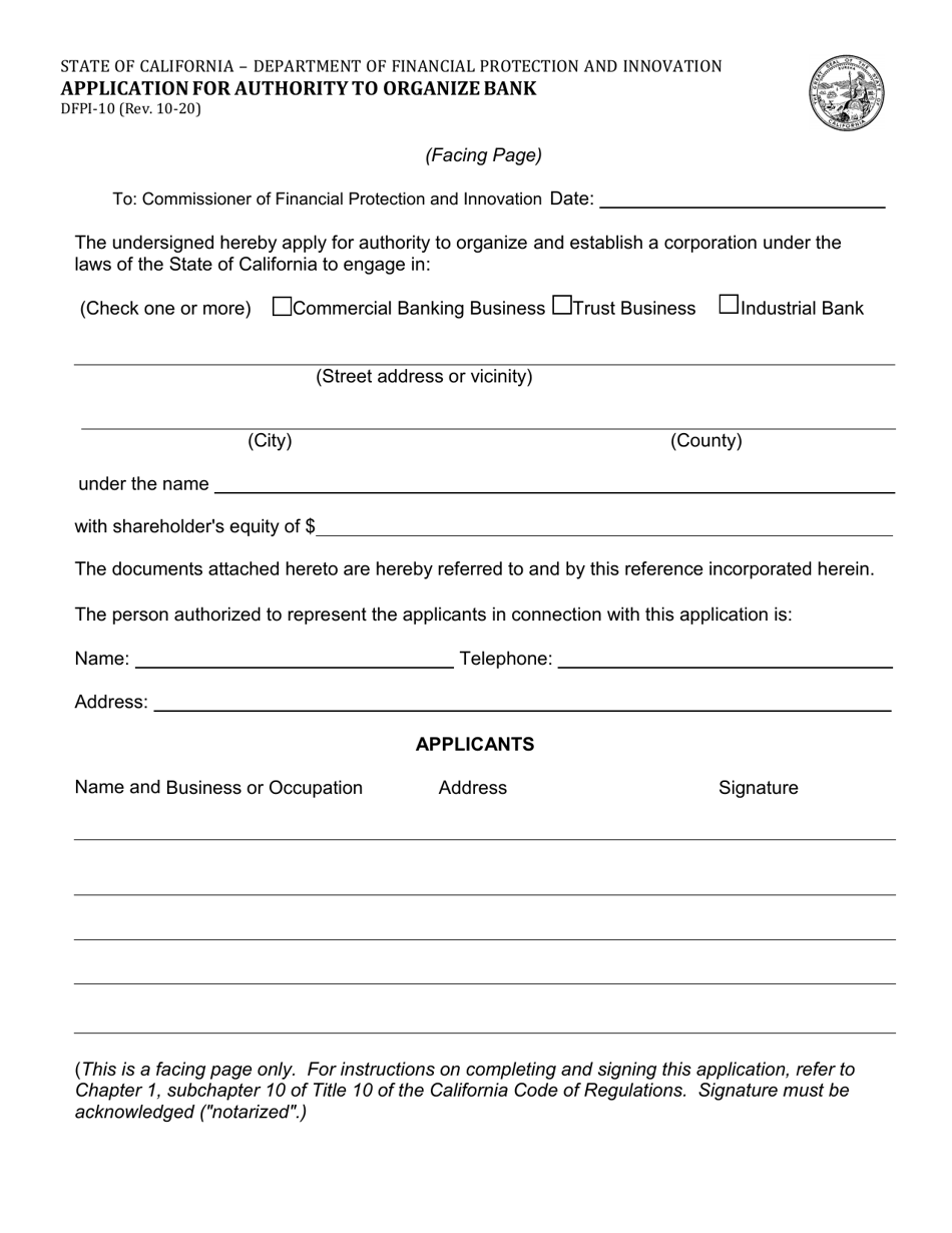 Form DFPI-10 Application for Authority to Organize Bank - California, Page 1