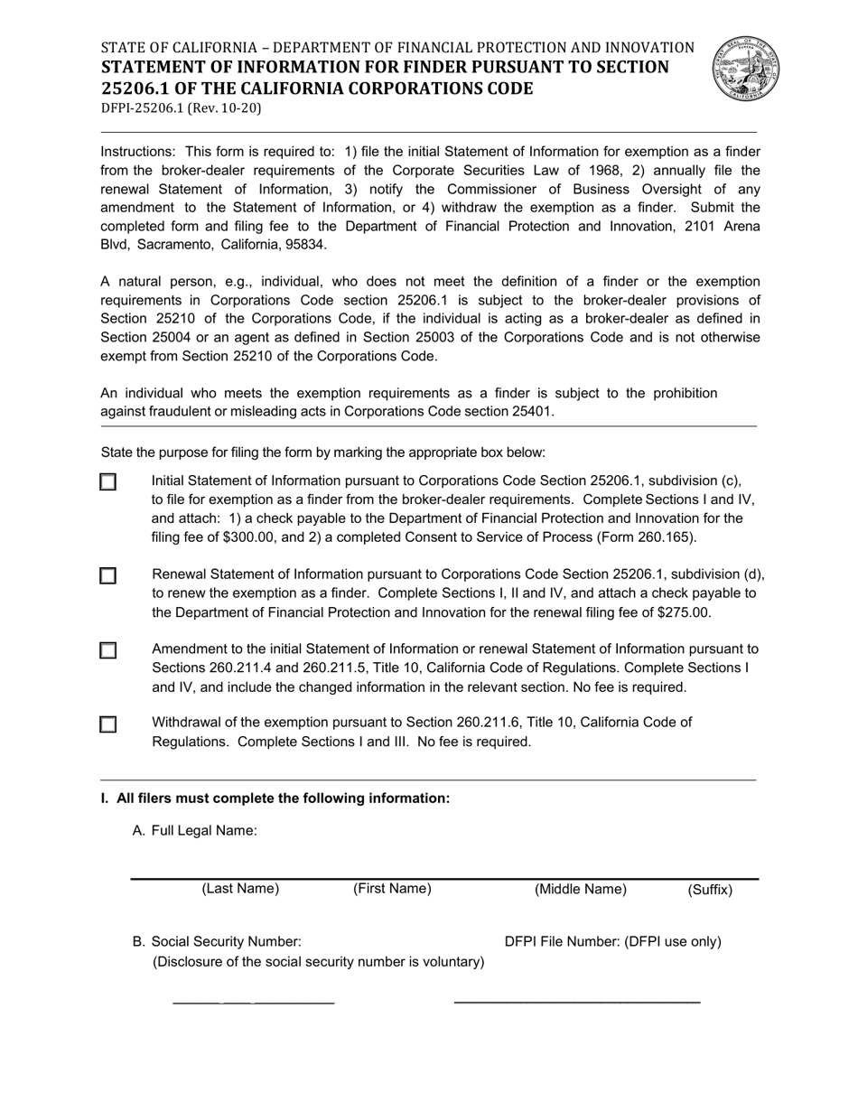 Form DFPI-25206.1 Statement of Information for Finder Pursuant to Section 25206.1 of the California Corporations Code - California, Page 1