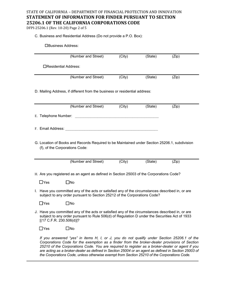 Form DFPI-25206.1 Statement of Information for Finder Pursuant to Section 25206.1 of the California Corporations Code - California, Page 2