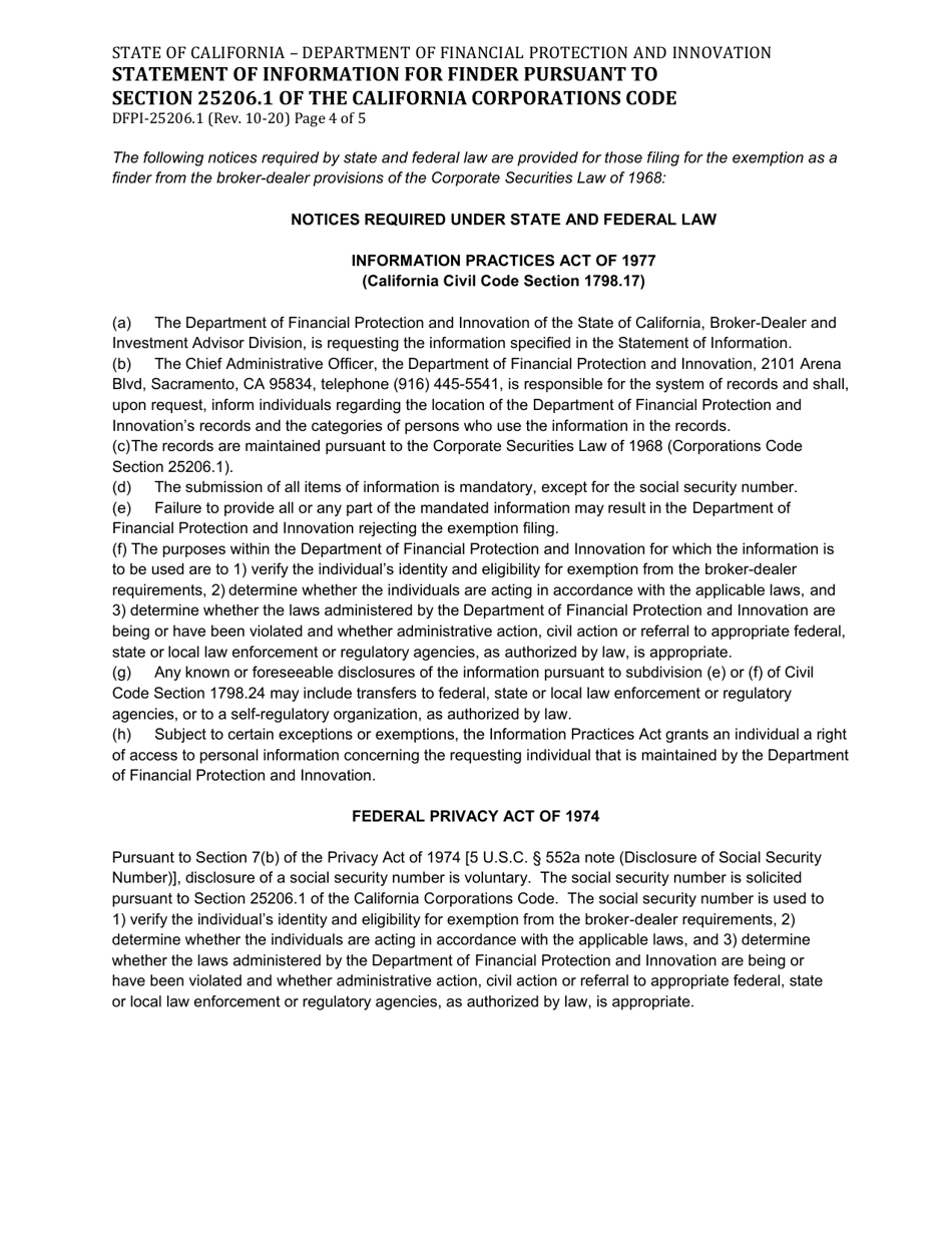 Form DFPI-25206.1 Statement of Information for Finder Pursuant to Section 25206.1 of the California Corporations Code - California, Page 4