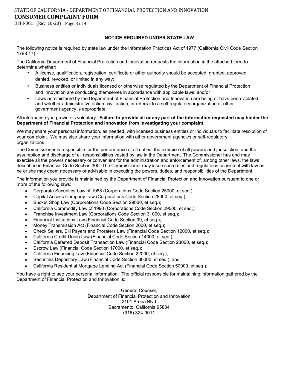 Form DFPI-801 Consumer Complaint Form - California, Page 3