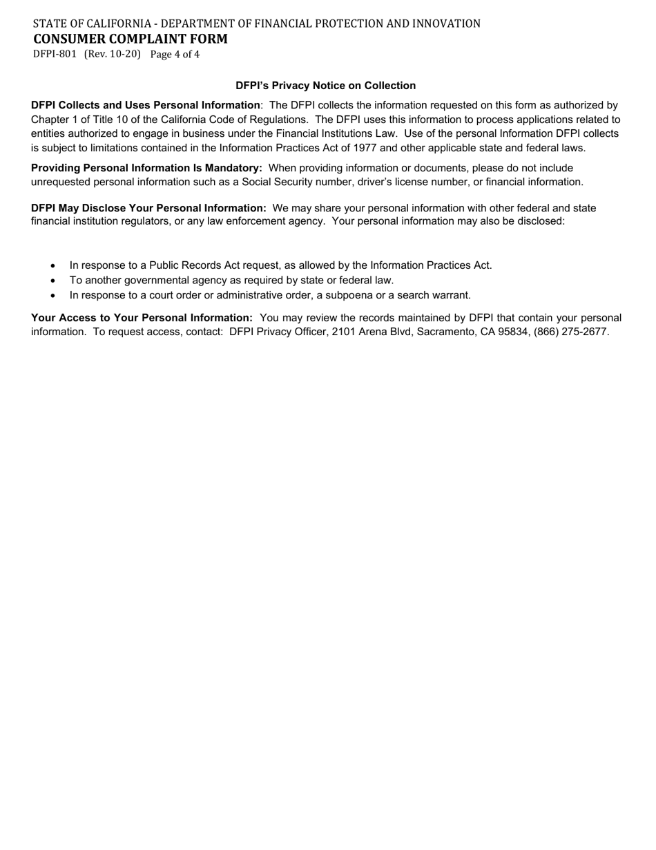 Form DFPI-801 Consumer Complaint Form - California, Page 4