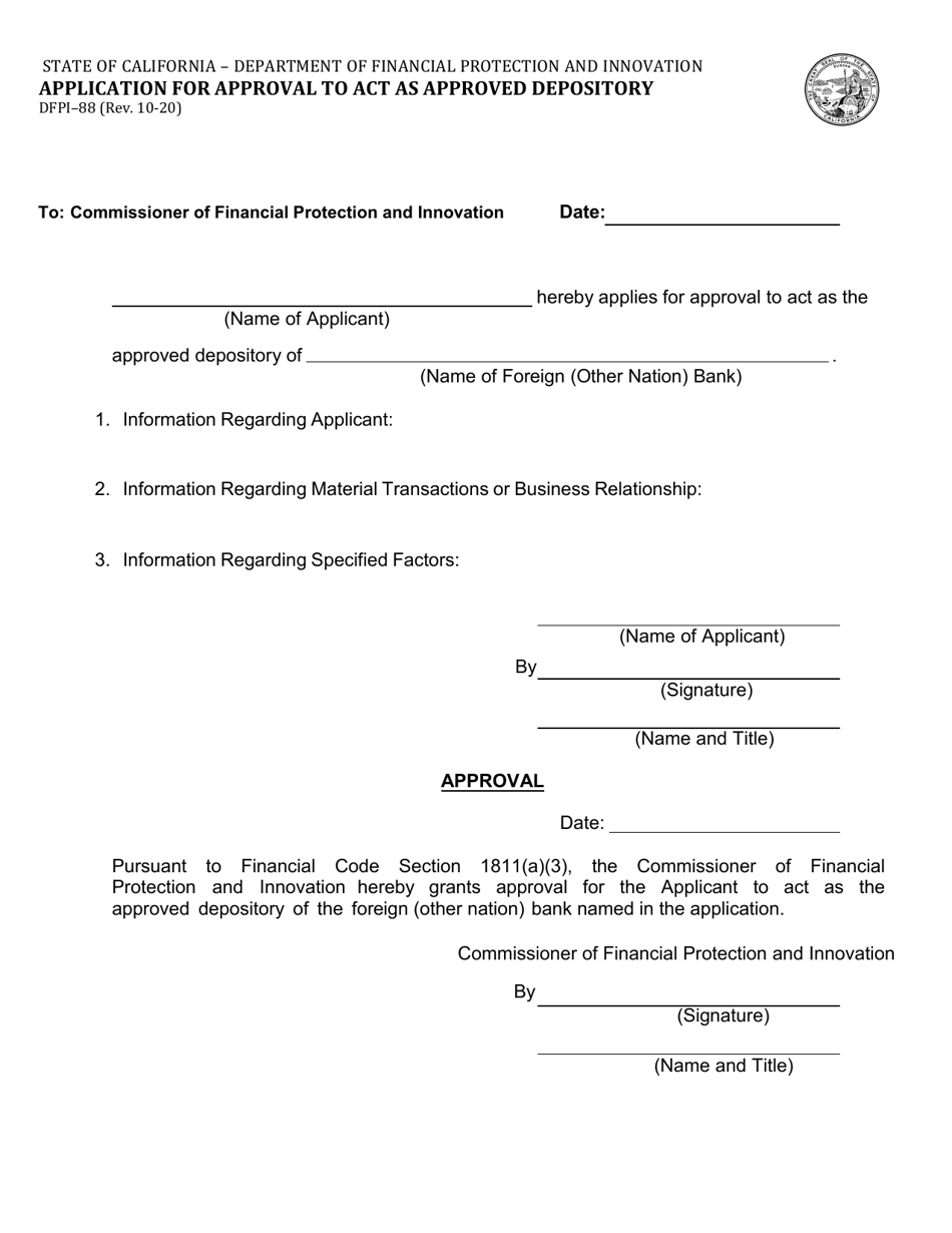 Form DFPI-88 Application for Approval to Act as Approved Depository - California, Page 1