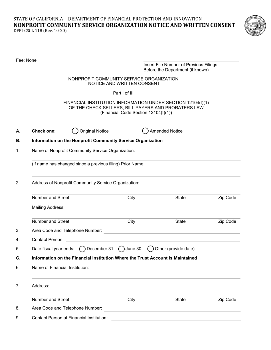 Form DFPI-CSCL118 Nonprofit Community Service Organization Notice and Written Consent - California, Page 1