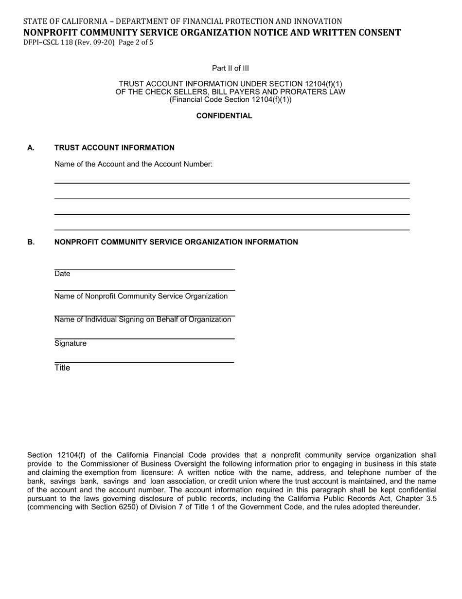 Form DFPI-CSCL118 Nonprofit Community Service Organization Notice and Written Consent - California, Page 2